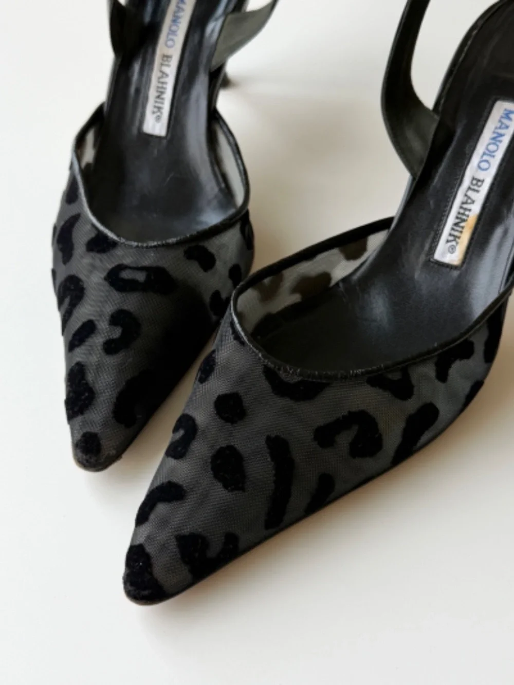 Vintage Manolo Blahnik black leopard mesh slingback, IT 39, approx. US 8.5–9
